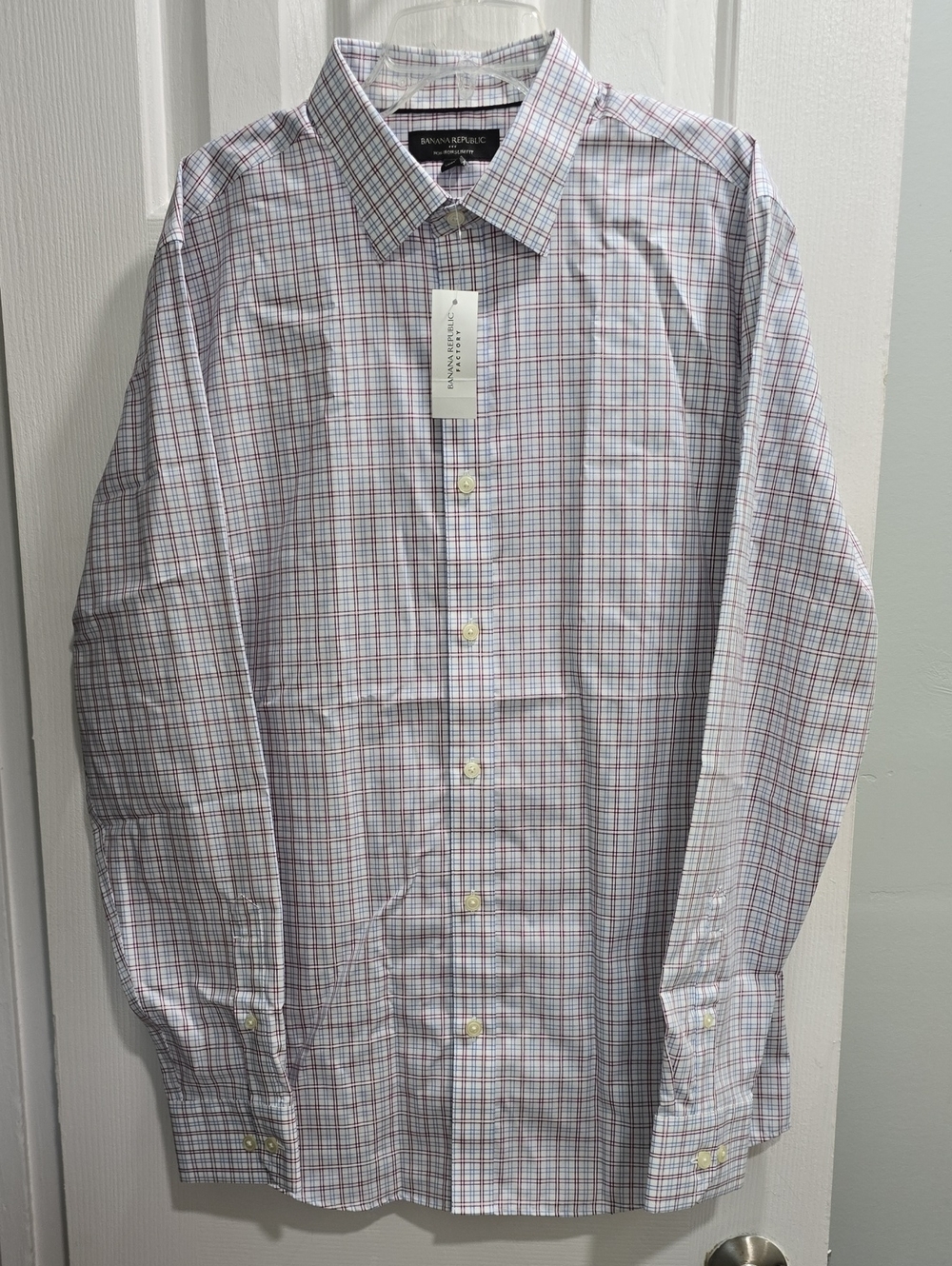 Banana Republic White Dress Shirt with Red and Blue Windowpane Check Size M